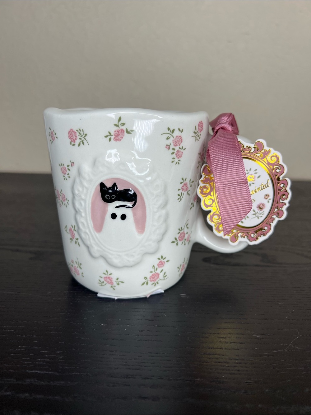 NEW Sunday Morning Ceramics Pink Floral Ghost with Cat Portrait Mug